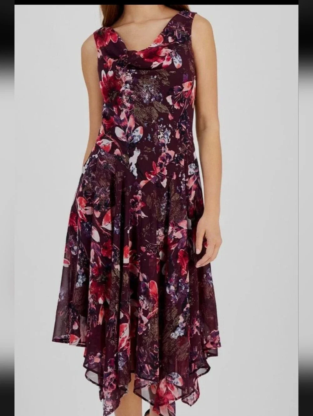 Signature by Robbie Bee Floral Midi Dress 8P Purple Pink Sleeveless Cowl Neck - Picture 2 of 11